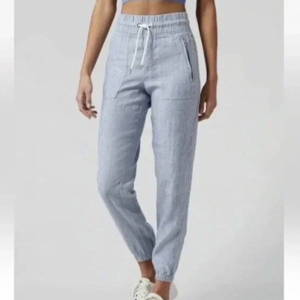 Athleta Cabo Linen Jogger Chambray Blue Zip Pocket Joggers Size 10 EUC